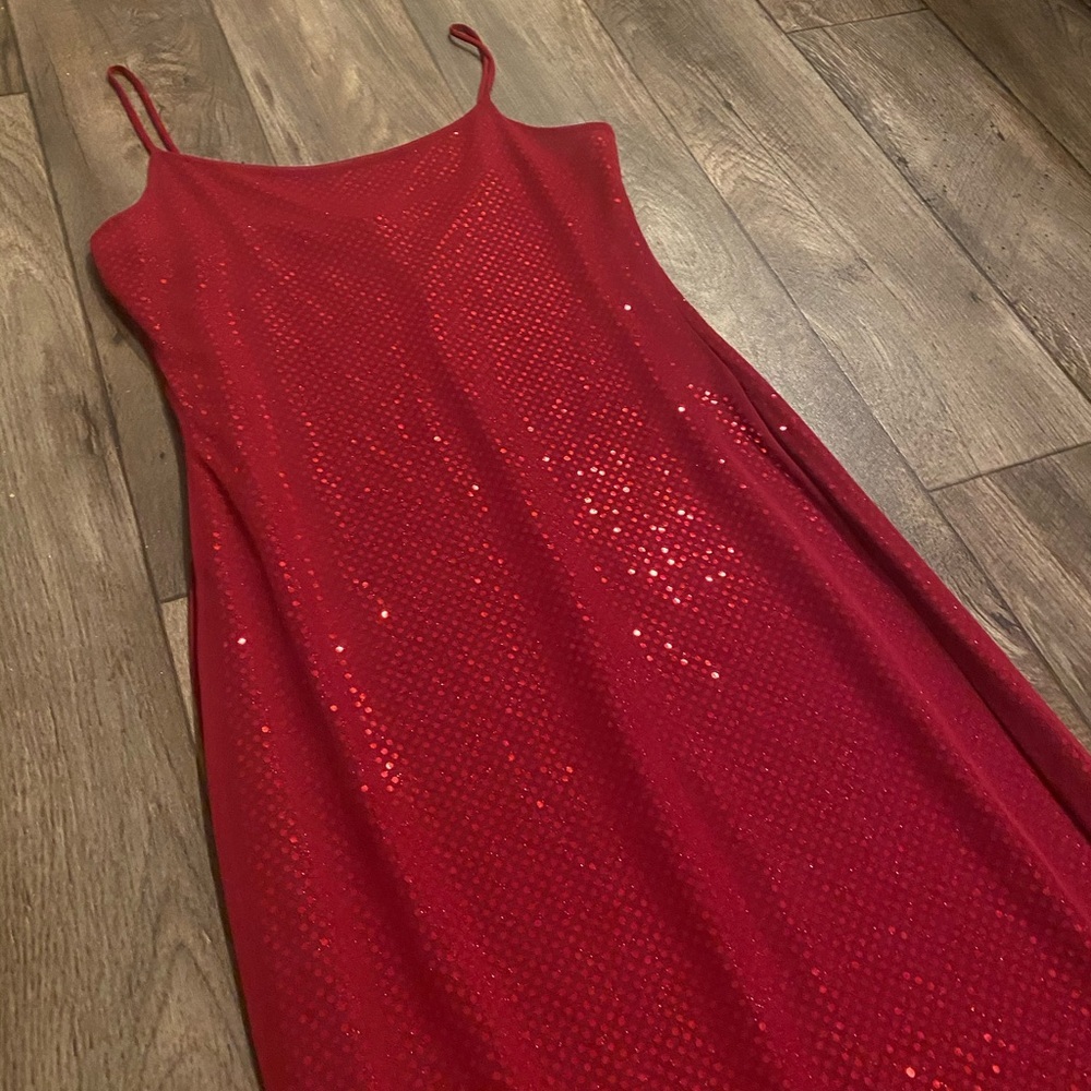 Heart & Soul Red Sequin Bodycon Gown Maxi Dress Spaghetti Strap Large - Picture 4 of 8